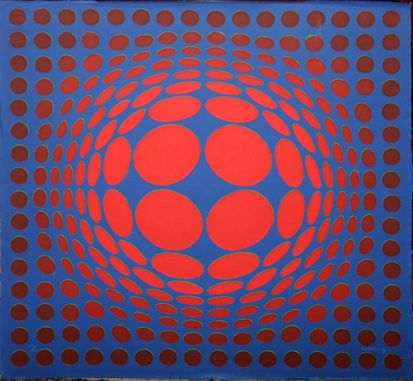 VICTOR VASARELY SILKSCREENING ON CAST PAPER 30": VICTOR VASARELY, SILKSCREENING ON CAST PAPER, 30" X 30" IMAGE & PAPER, "SINLAG":#119/120; pencil signed; unframed.