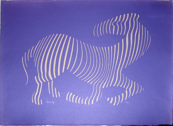 VICTOR VASARELY SILKSCREENING ON CAST PAPER 31": VICTOR VASARELY, SILKSCREENING ON CAST PAPER, 31" X 38" PAPER, "ZEBRA":Dark purple ground; #48/100; pencil signed; unframed.
