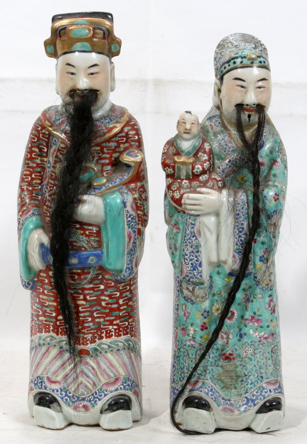 CHINESE REPUBLIC PERIOD PORCELAIN IMMORTALS, : CHINESE REPUBLIC PERIOD ENAMELED PORCELAIN IMMORTALS, PAIR, H 15":With beards; one holds child; floral and dragon designs; one with bottom mark.