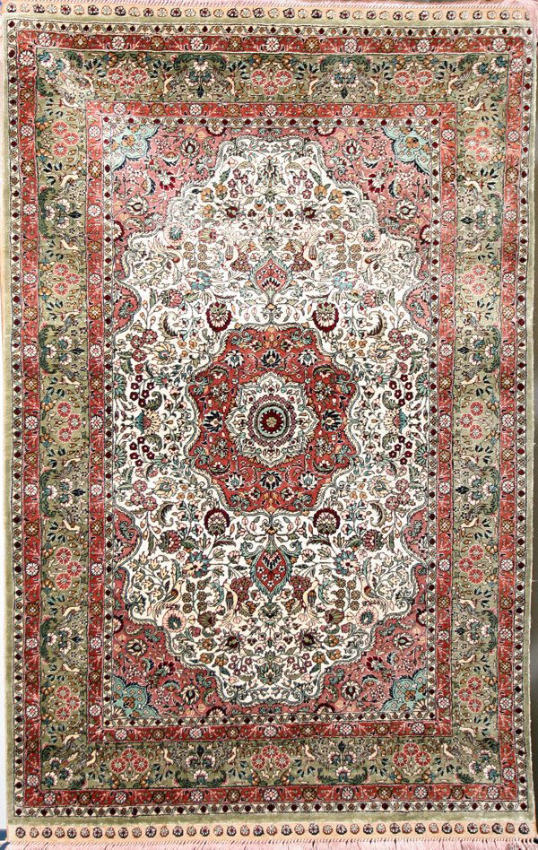 HEREKE SILK TURKISH RUG, 4' 0" X 2' 6": HEREKE SILK TURKISH RUG, 4' 0" X 2' 6":Ivory ground; 4 corners; central floral medallion surrounded by an overall flowering vine design; 5 borders with the primary border having birds; very fine quali