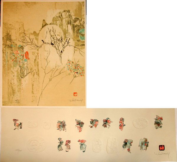 LEBADANG, LITHOS, 2, ONE EMBOSSED, 8" X 30",: LEBADANG, LITHOS, 2, ONE EMBOSSED, 8" X 30", "LA COMEDIE HUMAINE", 23" X 16", "LES ARBRES EN HIVER":2 prints in lot; "Comedie" has embossing and is ed. #120/300; "Arbres" is 1983, ed. #232/250 and is