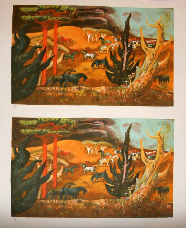 MILLARD SHEETS, COLOR LITHOGRAPHS, 2, 20" X 30": MILLARD SHEETS, COLOR LITHOGRAPHS, 2, 20" X 30" IMAGE, "SUMMER GOLD": AMERICAN 1907-1989:2 of the same print; 213/250 and 212/250; each pencil signed and unframed.