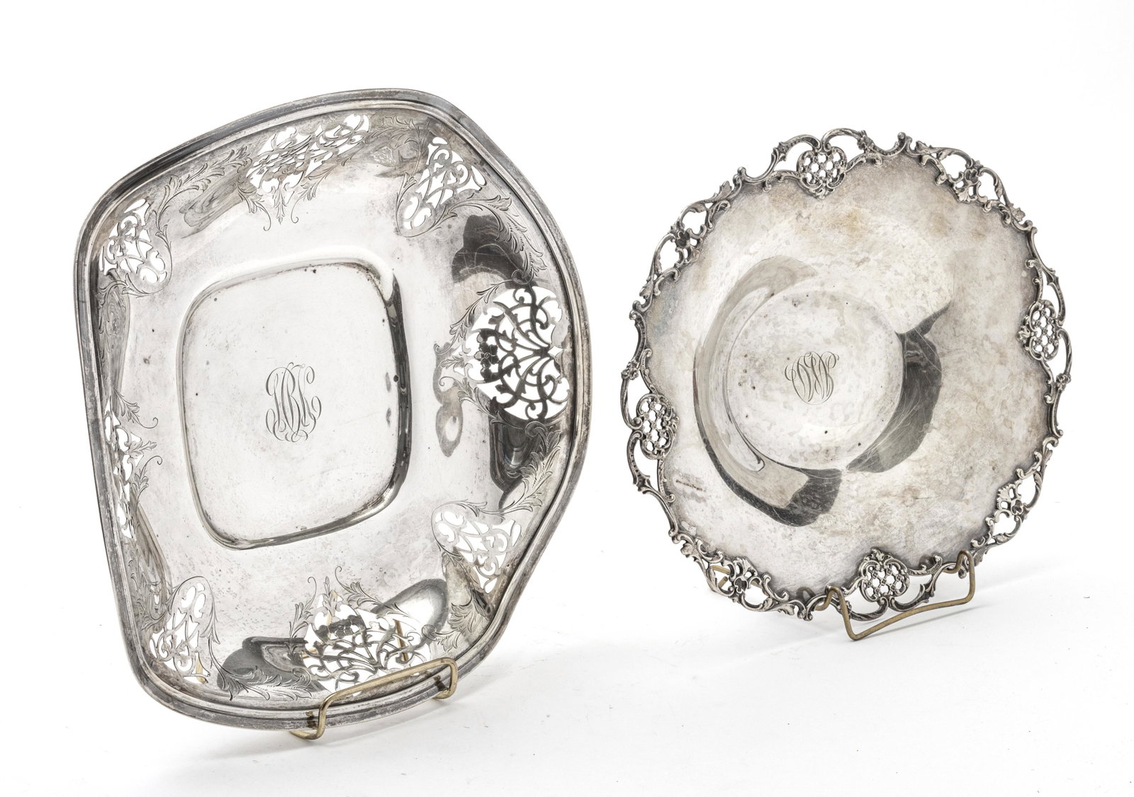 GORHAM & FRANK M. WHITING, STERLING SILVER DISHES: GORHAM & FRANK M. WHITING, STERLING SILVER DISHES, 2 PCS, W 8.5"-10", T.W. 21.83 TOZ A selection of two sterling silver pierced dishes. Includes one by Gorham and one by Frank M. Whiting Co. Both are 