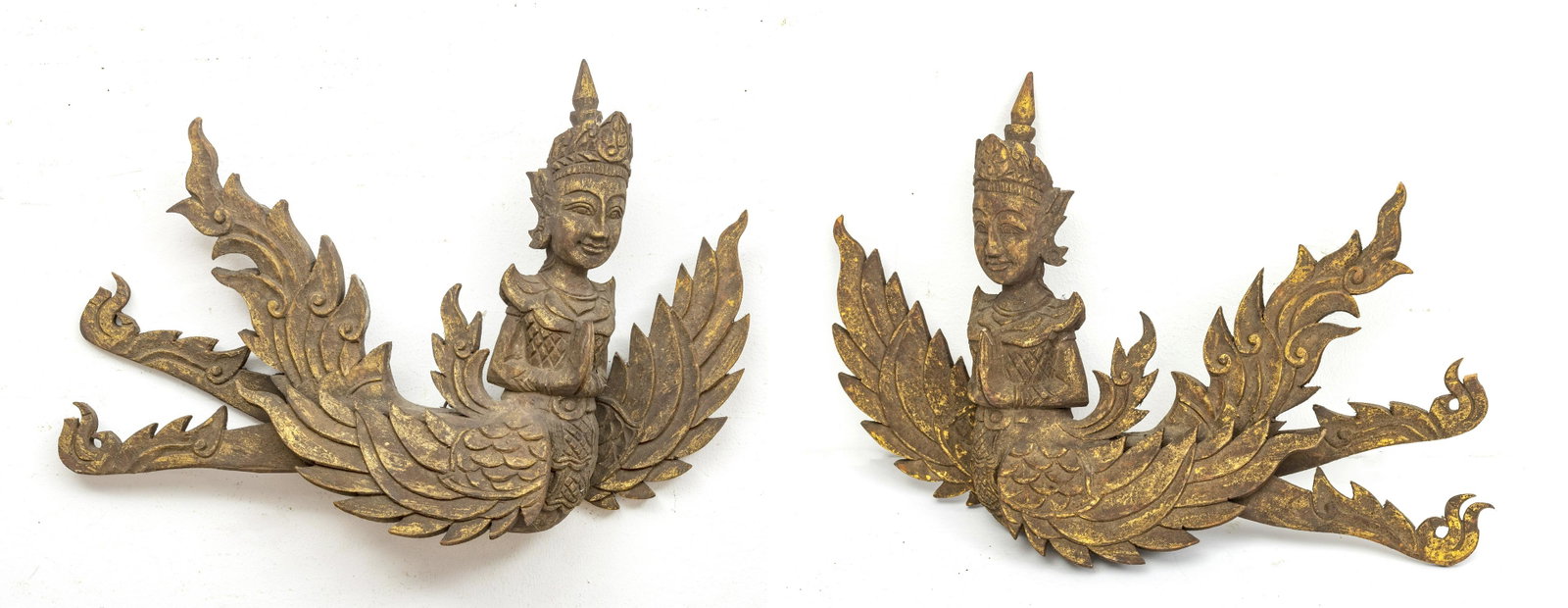 HINDU CARVED WOOD GARUDA WINGED DIETIES, PAIR: HINDU CARVED WOOD GARUDA WINGED DIETIES, PAIR H 14" W 20" THAILAND Provenance: From the Estate of John Willard Spellman, PH.D., F.R.A.S. Dr. Spellman retired as Head of the Department of Asian Studies