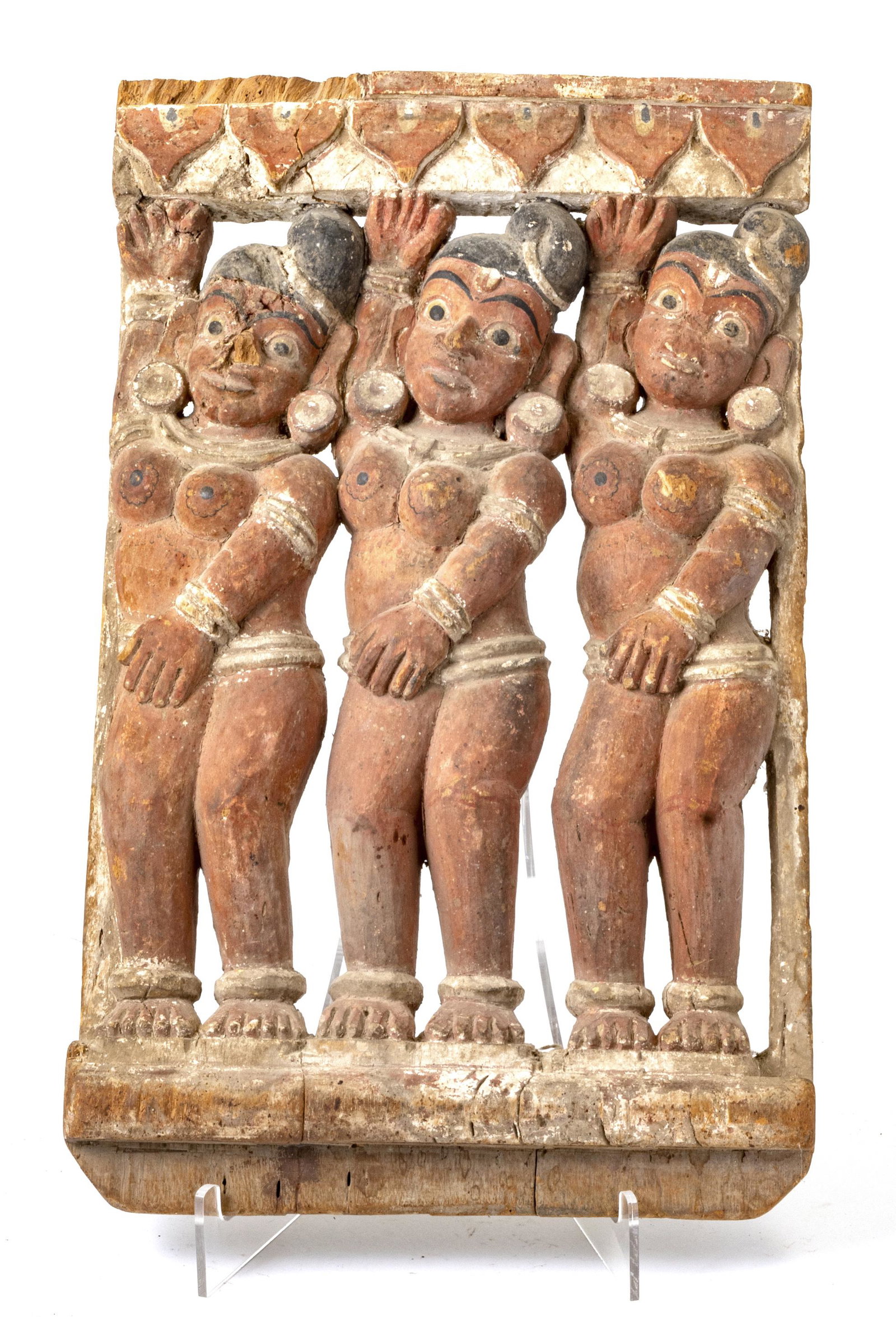 ASIAN CARVED WOOD WITH PIGMENT, RELIEF PLAQUE: ASIAN CARVED WOOD WITH PIGMENT, RELIEF PLAQUE H 18.7" W 11.7" Provenance: From the Estate of John Willard Spellman, PH.D., F.R.A.S. Dr. Spellman retired as Head of the Department of Asian Studies, Uni