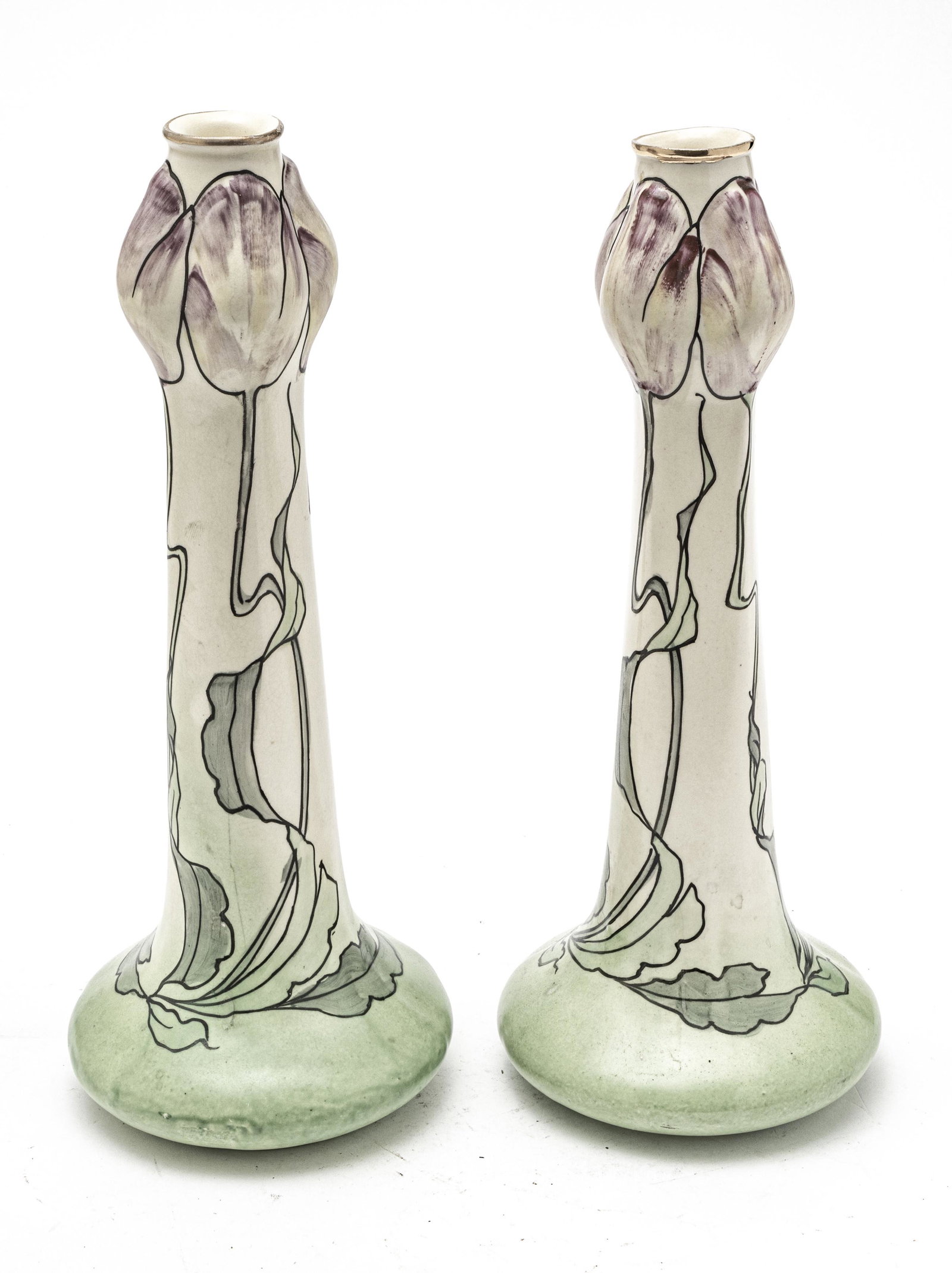 ART NOUVEAU ROSEVILLE CREAMWARE CANDLESTICKS: ART NOUVEAU ROSEVILLE CREAMWARE CANDLESTICKS C. 1910 PAIR H 12" Gold trace, tulip form. Unmarked.