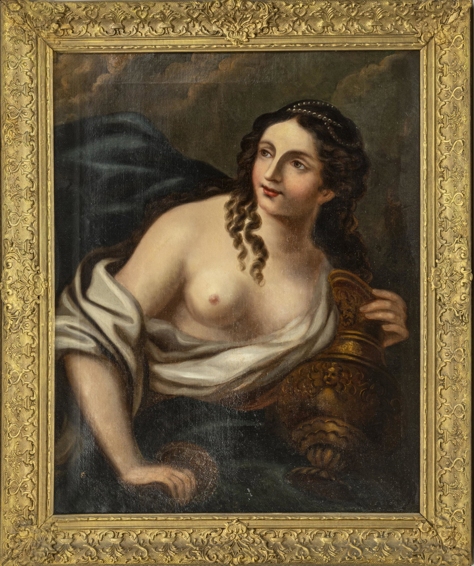 OLD MASTER STYLE OIL ON CANVAS, SEMI NUDE FEMALE: OLD MASTER STYLE OIL ON CANVAS, OF A SEMI NUDE FEMALE 19TH CENTURY H 30", W 24"Oil on canvas in the Baroque style depicting a semi nude woman with pearls in her hair holding a golden ewer. Unsigned. I