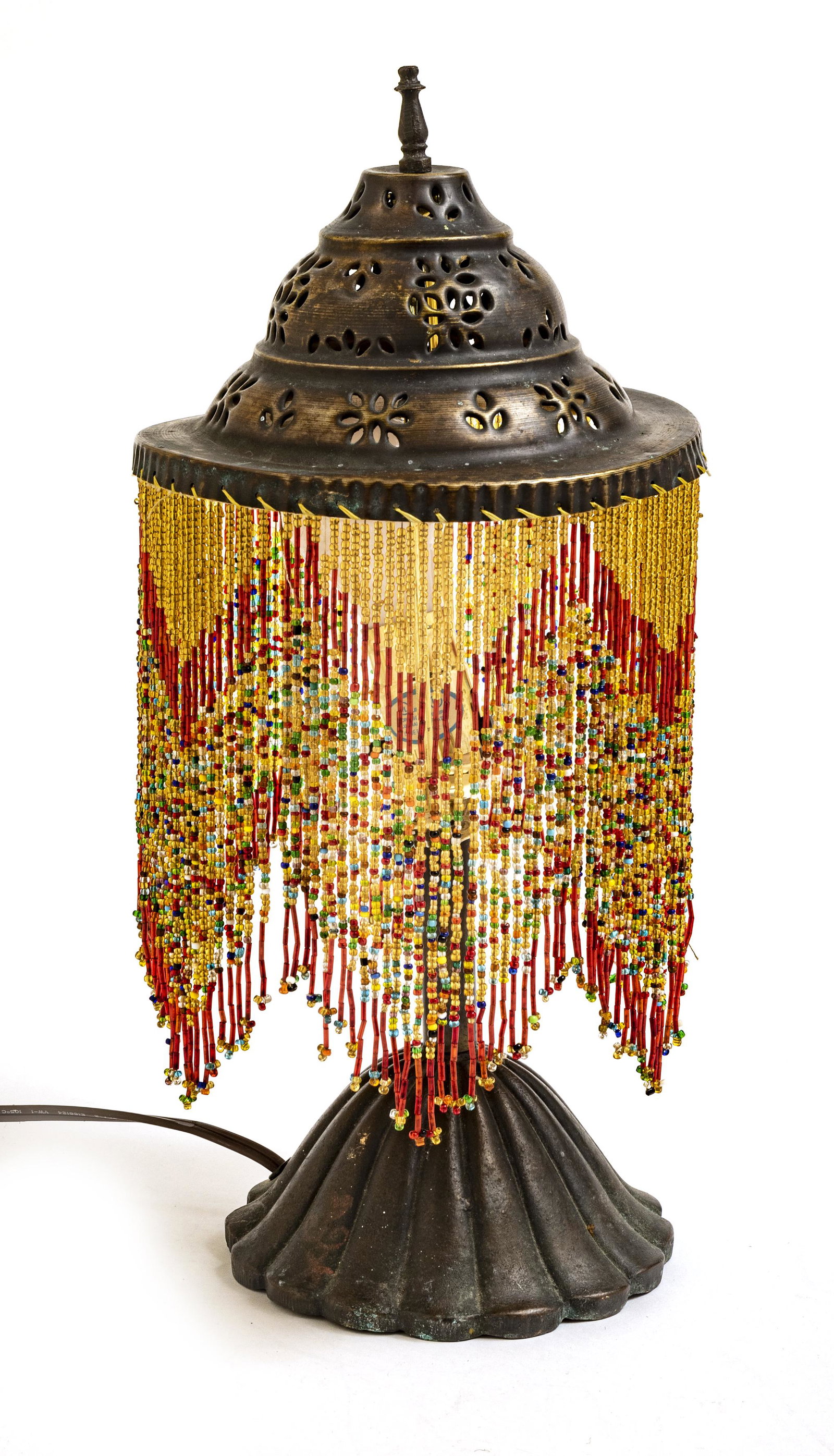 MOORISH STYLE BOUDOIR LAMP, H 17", DIA 8": MOORISH STYLE BOUDOIR LAMP, H 17", DIA 8" Having a pierced and beaded brass shade on a bronze base. 20th century.