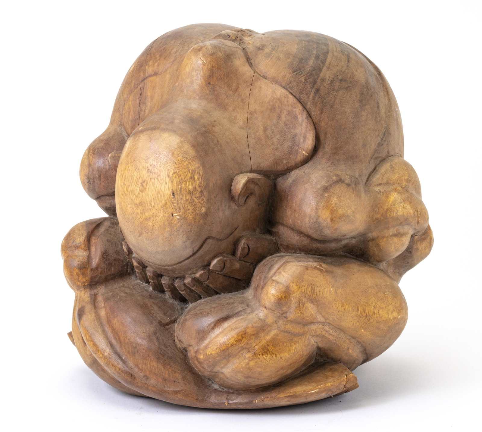 FIJIAN CARVED TEAKWOOD WEEPING BUDDHA: FIJIAN CARVED TEAKWOOD WEEPING BUDDHA, H 16", DIA 16" A Fijian carved teakwood weeping buddha. Depicting a seated buddha with face in his palms; signifying grief and hardship from war, all the while p