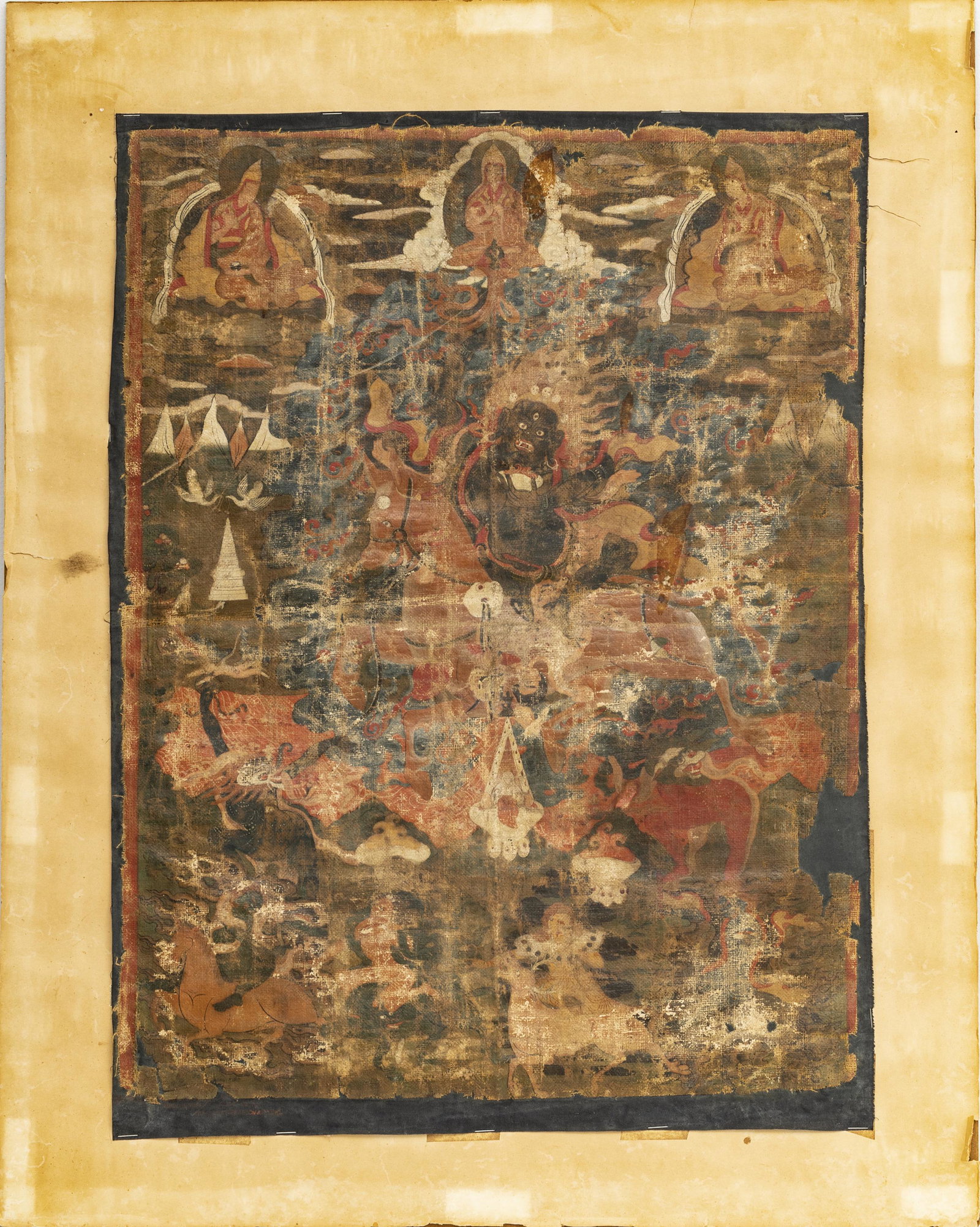 HINDU THANGKA ON CANVAS 19TH.C. H 21.5" W 17.2": HINDU THANGKA ON CANVAS 19TH.C. H 21.5" W 17.2" Mounted on wood panel. 18th Century. Frame H 30" W 24" Provenance: From the Estate of John Willard Spellman, PH.D., F.R.A.S. Dr. Spellman retired as Hea