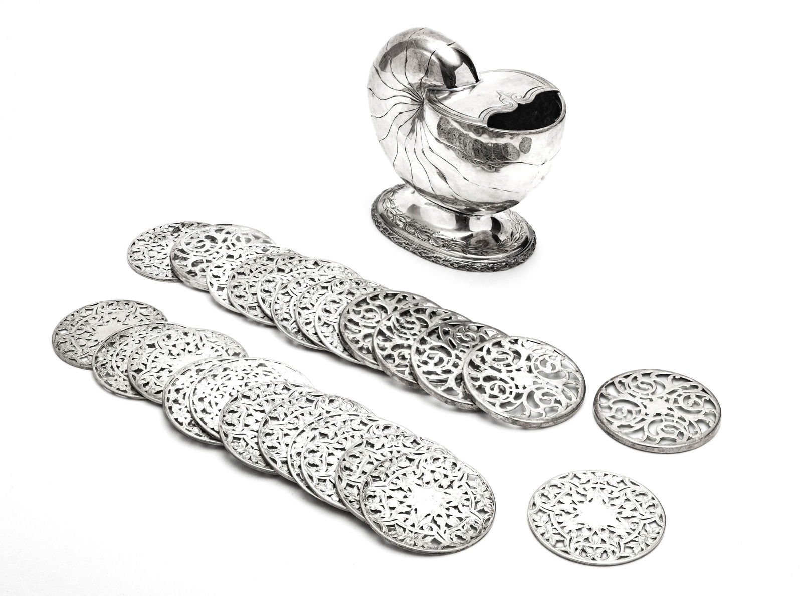 STERLING COASTERS AND SPOON WARMER: STERLING COASTERS AND SPOON WARMER 20 sterling coasters. Silver plate antique spoon warmer.