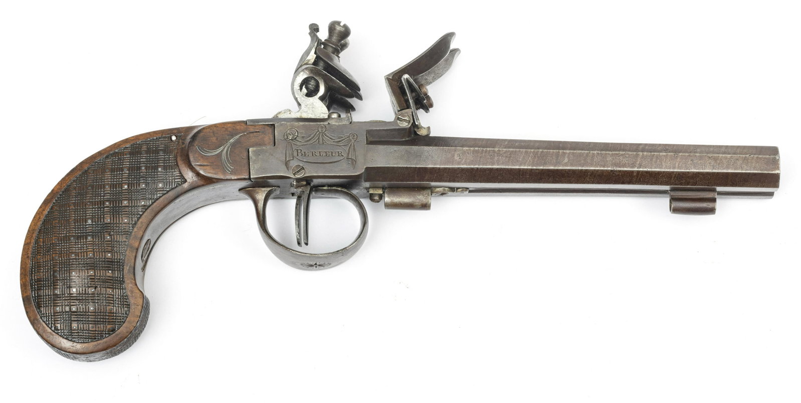 GUILLAUME BERLEUR SIDE BY SIDE FLINTLOCK PISTOL: GUILLAUME BERLEUR SIDE BY SIDE FLINTLOCK PISTOL, EARLY 19TH C., L 5 1/2" BARREL Double barrel and trigger side by side flintlock pistol by the Belgian gunsmith Guillaume Berleur (active 1780-1840). Lo