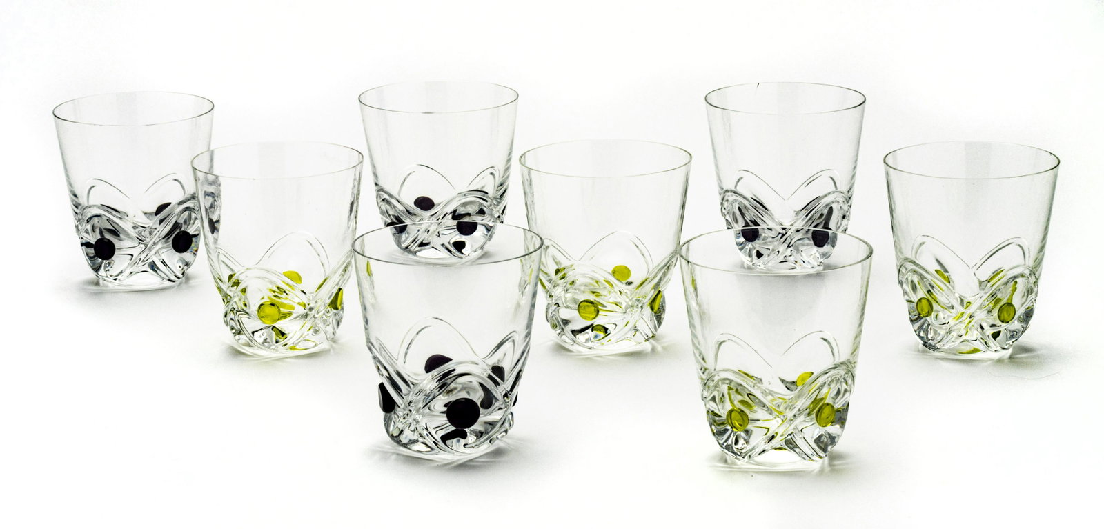 LALIQUE "FLORIDE" CRYSTAL OLD FASHIONED TUMBLERS: LALIQUE "FLORIDE" CRYSTAL OLD FASHIONED TUMBLERS, EIGHT PIECES, H 4 1/2", DIA 4" Four tumblers with lime green dots and four with violet dots. All marked Lalique France on the undersides.