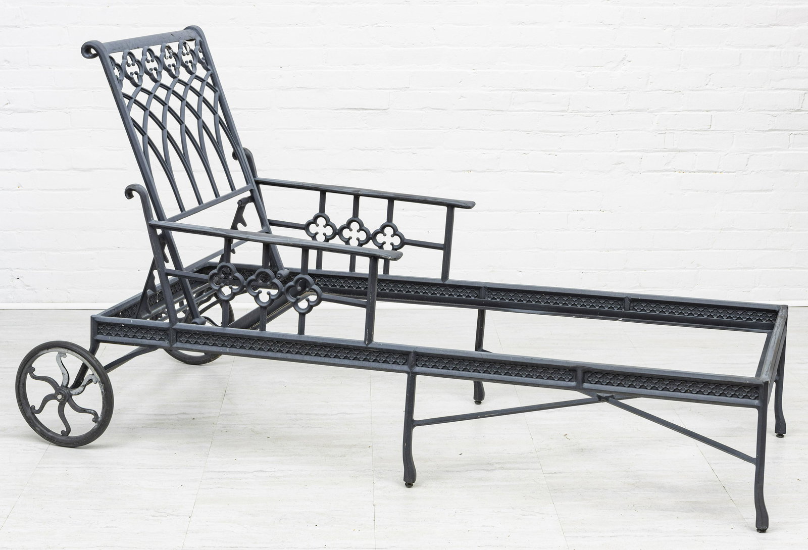 CAST ALUMINUM CHAISE LOUNGERS, PAIR: CAST ALUMINUM CHAISE LOUNGERS, PAIR, H 45" L 82" D 33" With adjustable back.