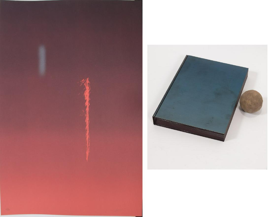 ERIC ORR COLOR LITHOGRAPH, BOOK & CLAY BALL, 3 PCS: ERIC ORR (AMERICAN, 1939-1998) COLOR LITHOGRAPH ON PAPER, BOOK & CLAY BALL, 3 PCS, H 30", W 22" (PRINT) A 1989 color lithograph by Eric Orr. From "In Barcelona" portfolio, 1988-1989. Published by Edic