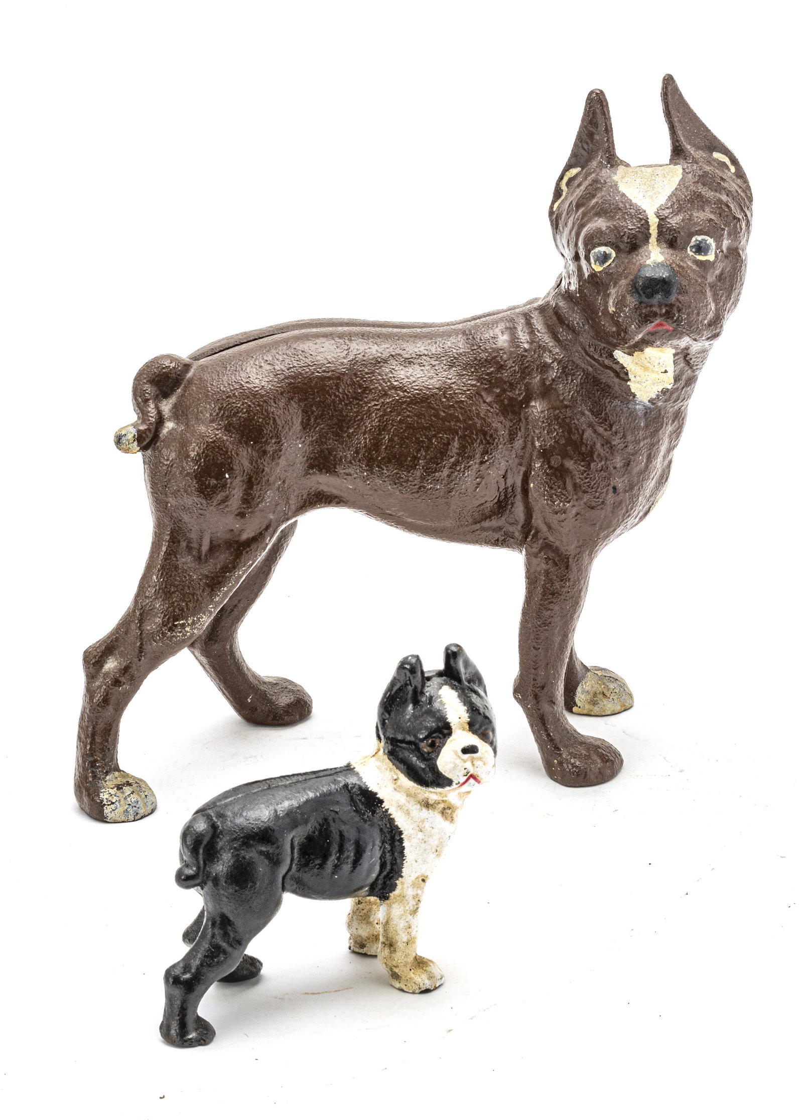 CAST IRON FRENCH BULLDOGS, C 1900, 2 PCS, H 4"-10": CAST IRON FRENCH BULLDOGS, C 1900, 2 PCS, H 4"-10"largest frequently used as door stop. Provenance: From the Estate of Dr. James Letson, Saginaw, MI