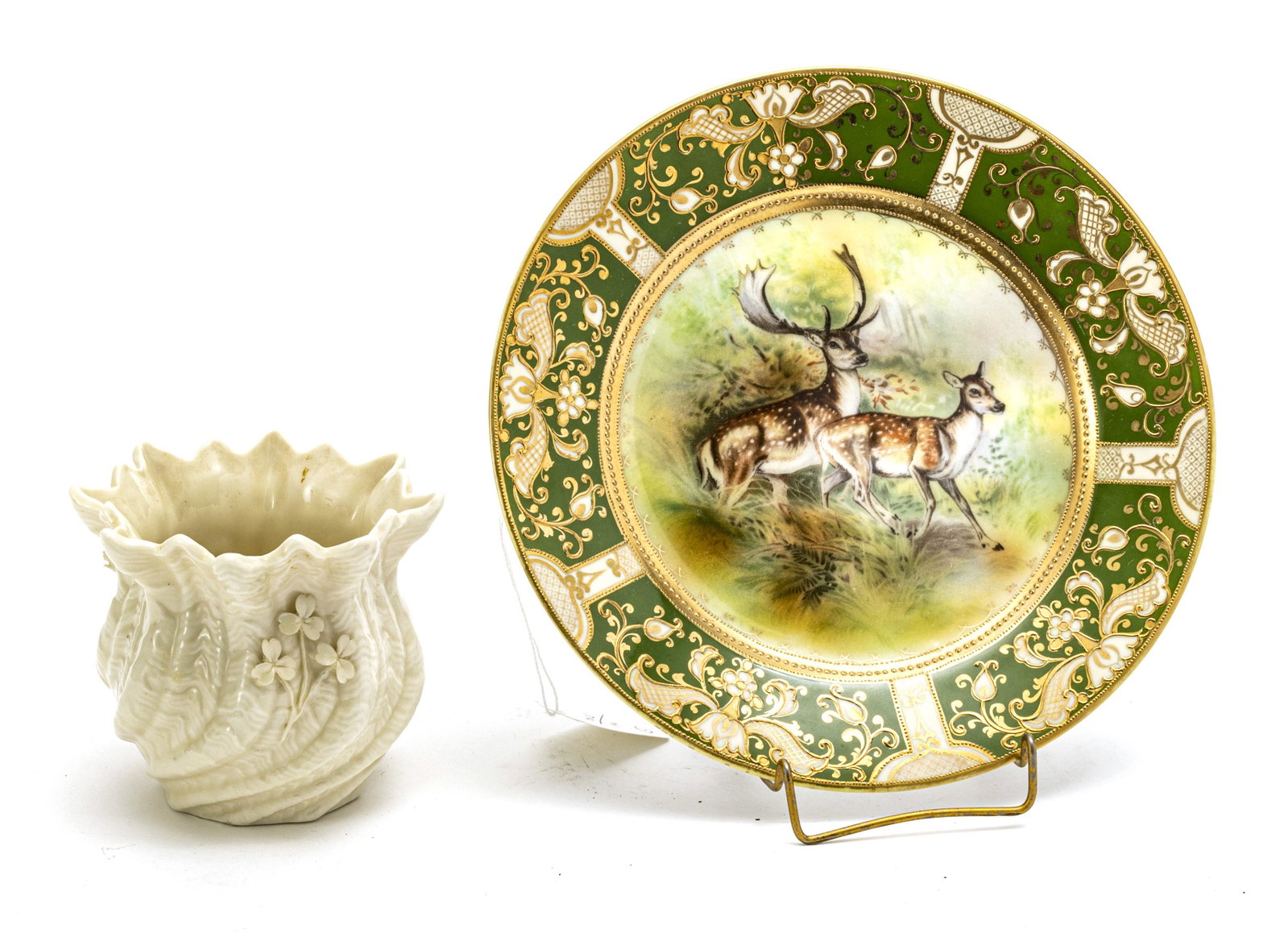 BELLEEK VASE AND NIPPON SCENIC PLATE: BELLEEK VASE AND NIPPON SCENIC PLATE, 2 H 4" DIA 8" Irish Belleek vase with roses and vines in full relief, having the black mark. Also, hand painted Nippon plate Dia 8" with fired gold edge and hand 