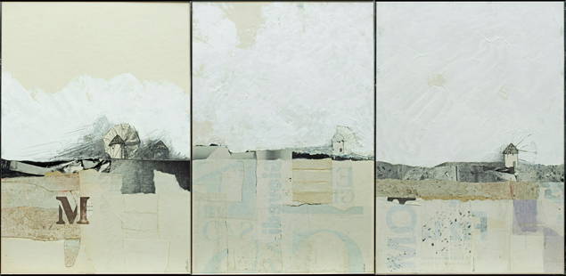 LARRY BELL ACRYLIC, MYKONOS SERIES: LARRY BELL (AMERICAN) ACRYLIC, INK AND GRAPHITE ON COMBINED PAPERS ON CARDSTOCK, 3 PCS, H 19.75", W 13.15", MYKONOS SERIES Acrylic, ink and graphite on combined papers on cardstock, titled "Mykonos