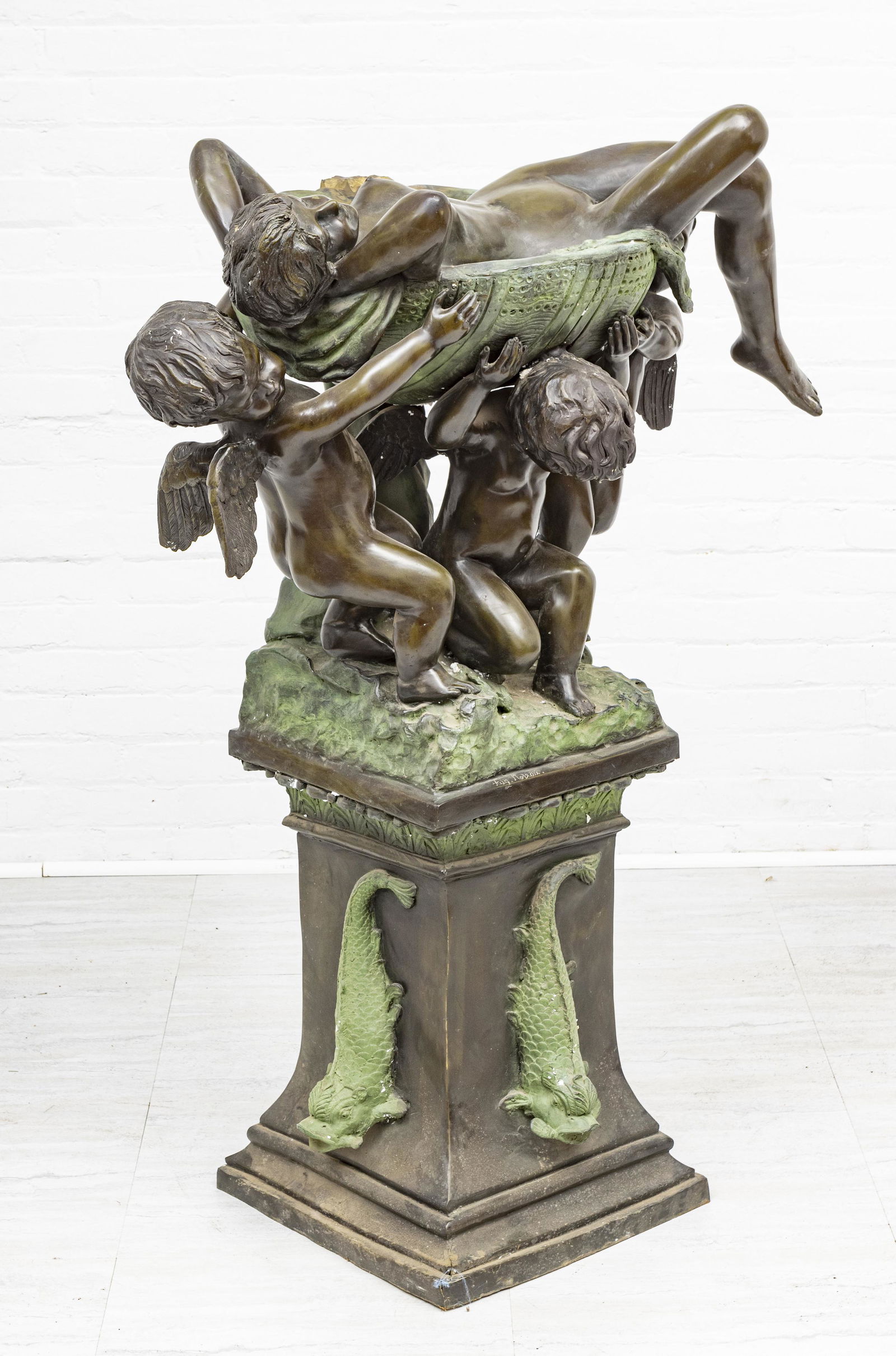 AFTER AUGUSTE MOREAU BRONZE GARDEN FOUNTAIN: AFTER AUGUSTE MOREAU (FRENCH, 1826â€“1897) BRONZE GARDEN SCULPTURE FOUNTAIN H 52" W 39" D 18" RECLINING NUDE FEMALE IN SHELL Brownish green and green patina. Reclining nude female figure in a she