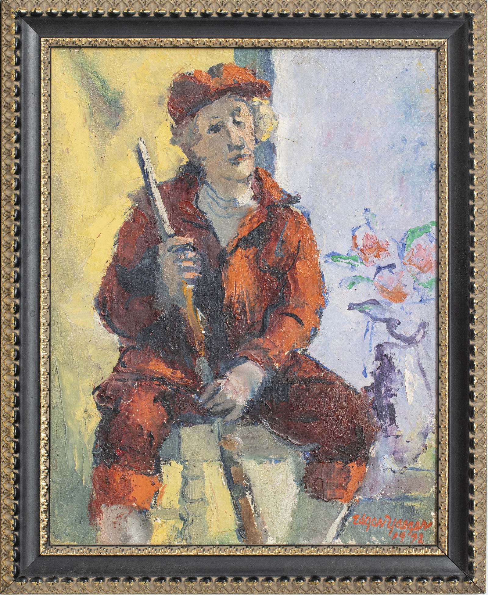 EDGAR YAEGER, 1904 - 97, OIL ON CANVAS, "HUNTER": EDGAR YAEGER, 1904 - 97, OIL ON CANVAS, 1972 H 13.7" W 11" "HUNTER" Portrait of a seated lady hunter with a rifle. Signed and dated. Wood frame: 16" x 13". Edgar Louis Yaeger (1904â€“1997) was an