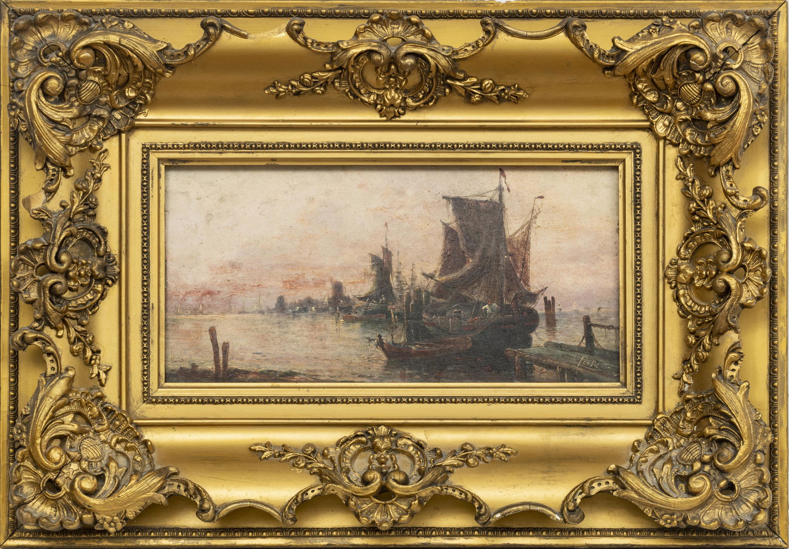 LEO PERLA "FISHERBOATS NEAR HARLINGEN": LEO PERLA (KARL KAUFMANN) B. 1843-1902 OIL ON BOARD, H 5.7" W 12" "FISHERBOATS NEAR HARLINGEN" Frame: H 14.5" W 21". a.k.a. Karl Kaufmann.