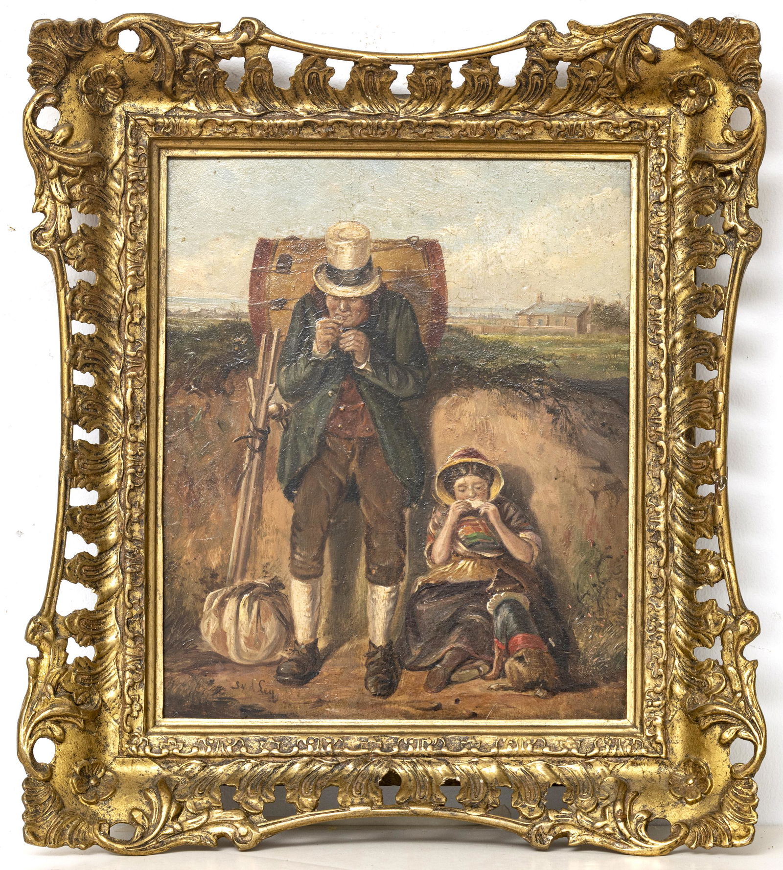 S. V. LEY, TRAVELLING BUSKERS: S. V. LEY, OIL ON BOARD H 12" W 9" TRAVELLING BUSKERS Travellers resting: man with drum, Girl with circus dog. Signed. Frost and Reed label