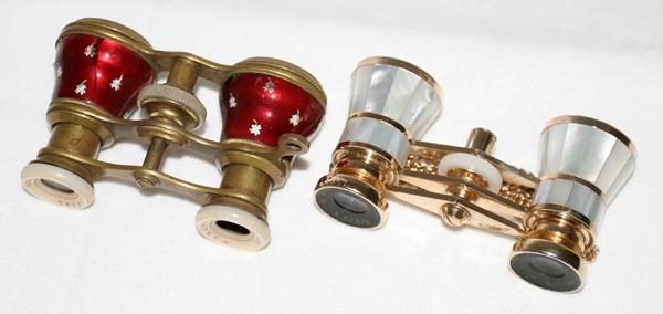 FRENCH MOTHER OF PEARL & ENAMEL OPERA GLASSES,: FRENCH MOTHER OF PEARL & ENAMEL OPERA GLASSES, TWO, W 4":Including enameled pair of glasses by Manchand and 1 mother of pearl pair of glasses by Mignon, with a pouch.