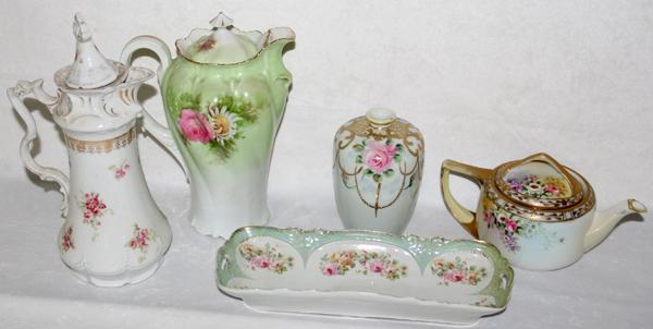 CONTINENTAL & JAPANESE PORCELAIN TABLE WARE,: CONTINENTAL & JAPANESE PORCELAIN TABLE WARE, LATE 19TH TO EARLY 20TH C., FIVE, H 1 1/2" - 9 1/2":Including 1 Nippon teapot, 1 Nippon vase, 1 tray, 1 Austrian chocolate pot (damaged lid) and 1 German c