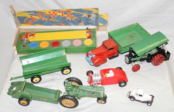 VINTAGE TOY COLLECTION EIGHT PCS.: VINTAGE TOY COLLECTION EIGHT PCS.:Including Sammy Andy Gee-Wiz #40 horse racing game with original box, one metal mechanical dump truck, one Case tractor, one tractor with two farm implements marked J