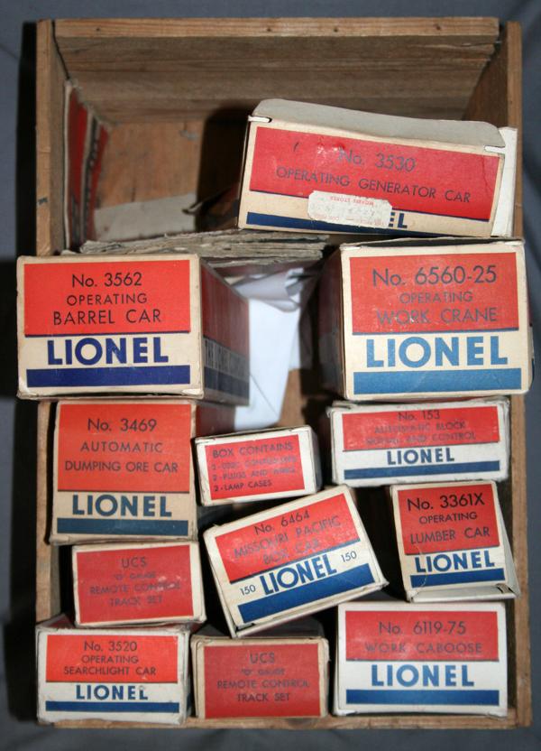 VINTAGE LIONEL TRAIN CAR BOXES, C1950, 12+: VINTAGE LIONEL TRAIN CAR BOXES, C1950, 12+:includes boxes for: No. 3562 Operating Barrel car, No. 3530 Operating Generator Car, No. 6560-25 Operating Work Crane; No. 3469 Automatic Dumping Ore Car, No