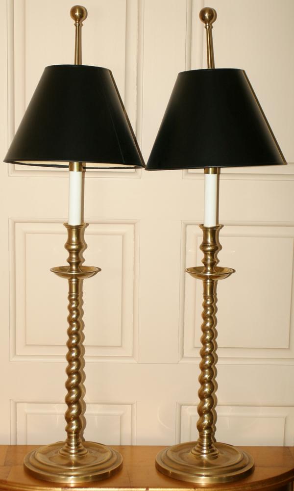 FREDERICK COOPER 'QUINCY' BRASS LAMPS, PAIR,: FREDERICK COOPER 'QUINCY' BRASS CANDLESTICK STYLE LAMPS, PAIR, H 37" OVERALL:Each of cast brass and in the form of a twist candlestick; style number 8876.