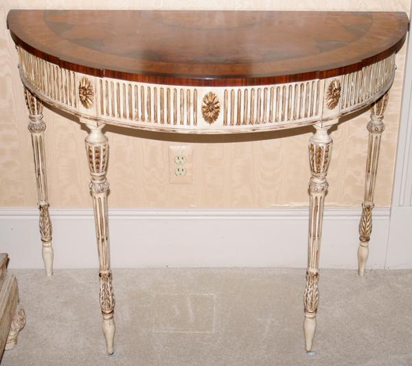 KITTINGER 'HISTORIC NEWPORT' PIER TABLE, H 33": KITTINGER 'HISTORIC NEWPORT' PIER TABLE, H 33", W 41", D 20":From the Newport Historic Collection made by E J Victor; having a marquetry top, raised on a painted white base with gilt accents.