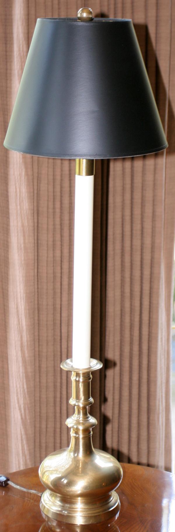 FREDERICK COOPER 'MELVILLE' BRASS LAMP, H 36": FREDERICK COOPER 'MELVILLE' BRASS CANDLESTICK LAMP, H 36":Item number 8977, black parchment shade.