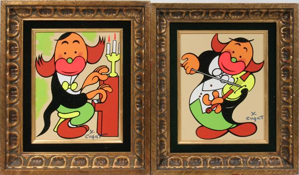 XAVIER CUGAT (1900-90), OILS ON CANVAS BOARD, : XAVIER CUGAT (1900-90), OILS ON CANVAS BOARD, TWO, 10" X 8", CLOWN MUSICIANS:Including 1 depicting a clown playing a violin, and 1 depicts a clown playing a piano; each is signed, in matching frames. 