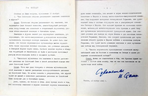JOSEPH STALIN PURPORTED SIGNED LETTER, 1942: JOSEPH STALIN PURPORTED SIGNED LETTER, 1942:Two pages typed in Cyrillic. SIGNED IN FELT PEN. 10 7/8" x 8 3/4". Also two books: one soft cover "Soviet War Documents" and "Round Trip to Russia".