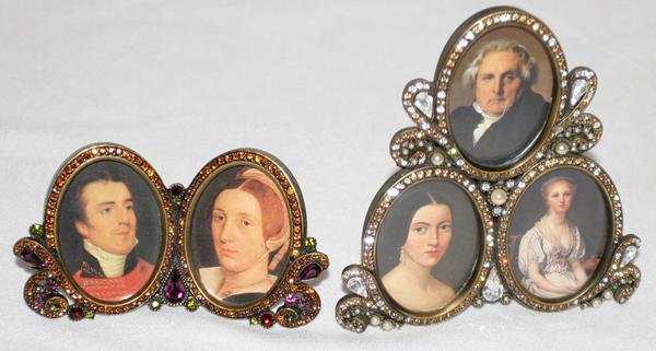 JAY STRONGWATER ENAMELED PHOTO FRAMES, TWO, : JAY STRONGWATER ENAMELED PHOTO FRAMES, TWO, H 2"-5":Including 1 double frame, H.2 3/4", W.4 1/2", and 1 triple frame, H.4 3/4", W.4 3/4" overall. Both are suitable for 2 1/4" x 1 1/2" photographs.