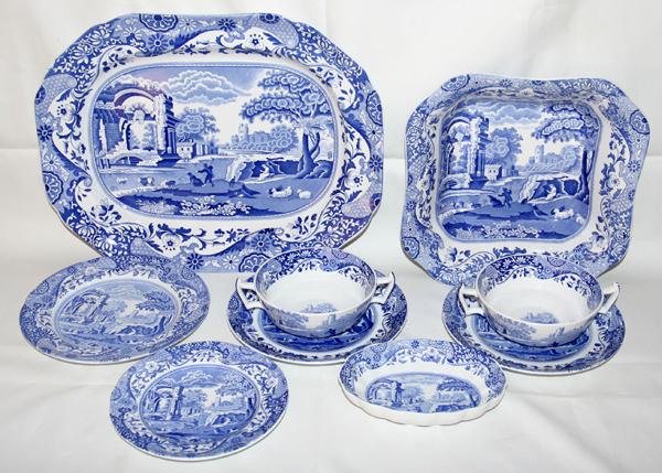 SPODE 'ITALIAN' PATTERN BLUE/WHITE EARTHENWARE: SPODE 'ITALIAN' PATTERN BLUE & WHITE EARTHENWARE, NINE PIECES:Italian design pattern, including 1 platter, L.14 1/2", 1 square bowl, W.9 1/2", 1 saucer, 1 bread plate, 2 cream soup bowls with 2 under