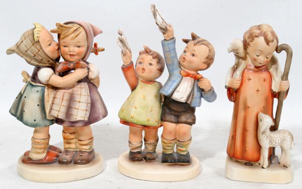 HUMMEL BISQUE FIGURES, THREE, H 6 1/2"-7": HUMMEL BISQUE FIGURES, THREE, H 6 1/2"-7":Featuring "Telling her Secret" H 6 1/2", "Good Shepherd" #42/0 H 6 1/2" and "Aur Wiedersehen" #153 H 7 1/2" with Full Bee Mark.