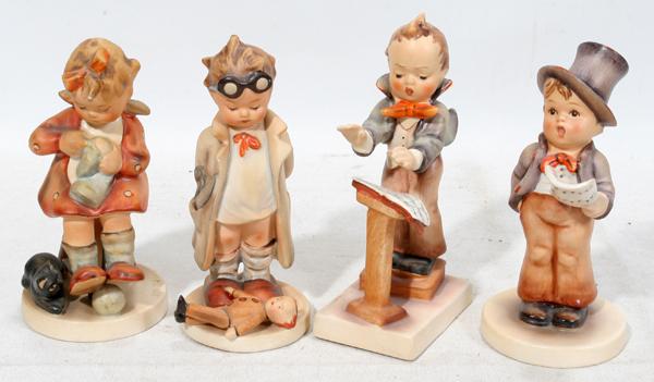 HUMMEL BISQUE FIGURES, FOUR: HUMMEL BISQUE FIGURES, FOUR:Featuring "Band Leader" #129 with Full Bee Mark, "Doctor" # 127, "Mother's Helper" # 133 with Full Bee Mark and "Street Singer" # 131 with Full Bee Mark.