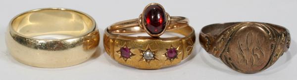 14KT ANTIQUE GOLD RINGS, THREE: 14KT ANTIQUE GOLD RINGS, THREE:14 kt yellow gold wedding band not engraved, 18 kt yellow gold antique ring with diamond chip and two red stones; 14 kt antique yellow gold ring with cabochon garnet. Al