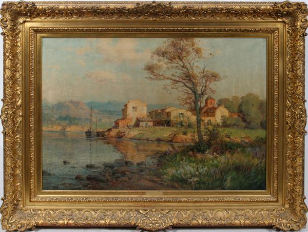 ANTOINE JULES PELLETIER, OIL ON CANVAS, C. 1890: ANTOINE JULES PELLETIER, OIL ON CANVAS, C. 1890, 24" X 36", FRENCH LANDSCAPE:impressionist style. Signed Pelletier lower right. Label from Mohr Art Gallery, Madison Ave. Toledo. Framed.