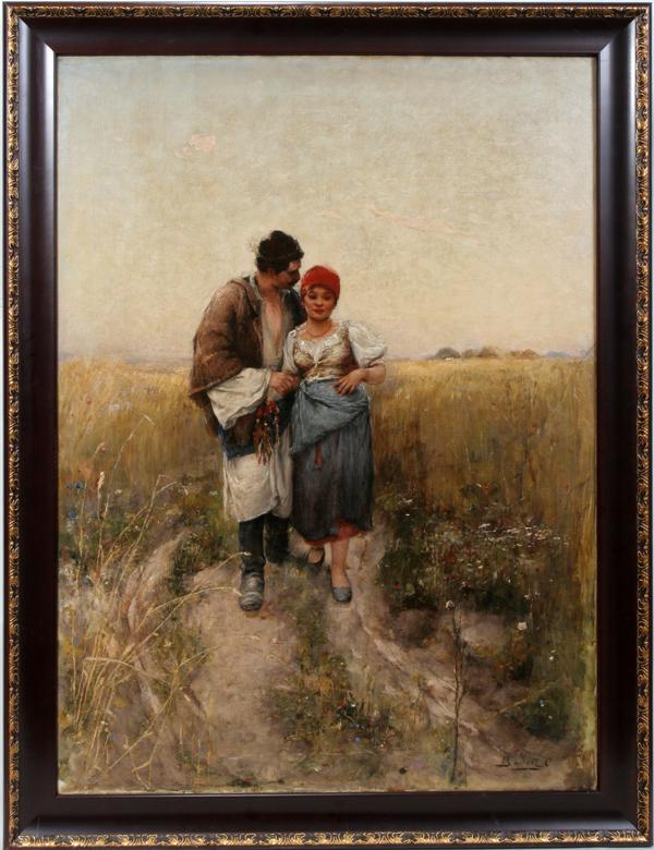 OTTO BADITZ OIL ON CANVAS, 43 1/2" X 31 1/2", : OTTO BADITZ (HUNGARIAN 1849-1936), OIL ON CANVAS, 43 1/2" X 31 1/2", DEPICTS COUPLE COURTING:Couple courting in field.