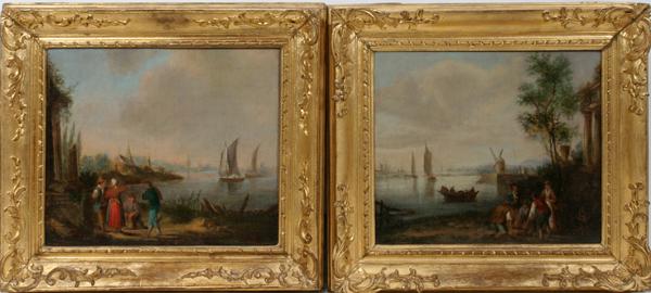 DUTCH SCHOOL, OILS/CANVAS, PAIR 11" X 12 3/4": DUTCH SCHOOL, OILS ON CANVAS, PAIR 11" X 12 3/4", LANDSCAPES WITH FIGURES AND BOATS: