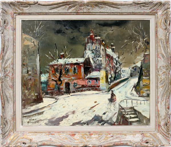 MERIO AMEGLIO, OIL ON CANVAS, 18" X 22", 1960,: MERIO AMEGLIO, OIL ON CANVAS, 18" X 22", 1960, "LE LAPIN AGILE": ITALIAN 1897-1970:Painting portrays a snow clad city with two figures strolling by in the foreground, signature at the lower left reads