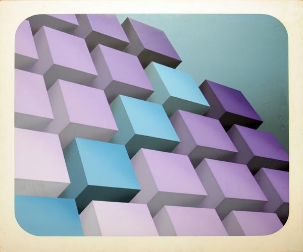 MARKO SPALATIN, OIL ON CANVAS 54" X 60": MARKO SPALATIN, OIL ON CANVAS 54" X 60" "CUBE FIELD":Cubes. Blue and purple tones, white border. Signed on reverse of canvas. Purchased from Landry-Bonino Gallery, 7 West 57th. St. New York in 1972.