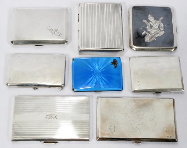 ASIAN STERLING & CONT SILVER CIGARETTE CASES, 8: ASIAN STERLING & CONTINENTAL SILVER CIGARETTE CASES, EIGHT:Including 1 Estonian .875 silver case, engraved, 3 1/4" x 4 1/4", 5.36 trz; 1 monogrammed German .800 silver, possibly by Wilhelm Muller, 3 3