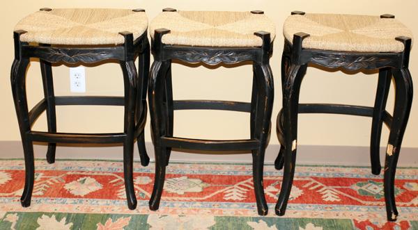 RUSH & PAINTED WOOD BAR STOOLS, CONTEMPORARY, : COUNTRY FRENCH STYLE RUSH & PAINTED WOOD BAR STOOLS, CONTEMPORARY, TWO, PLUS ONE AS IS, H 30":Each with a rush seat and a painted black frame.