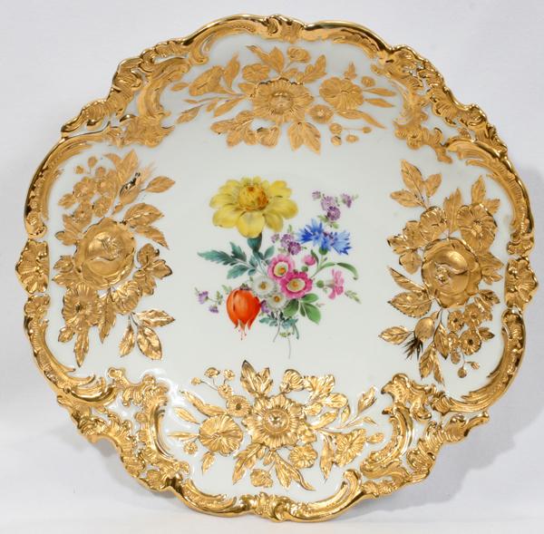 MEISSEN PAINTED & FIRED GOLD PORCELAIN BOWL, : MEISSEN HAND PAINTED & FIRED GOLD PORCELAIN BOWL, DIA 12":The ostentations piece is centered by a hand painted floral spray which is contrasted by the rich fired gold accents. The underside is marked 