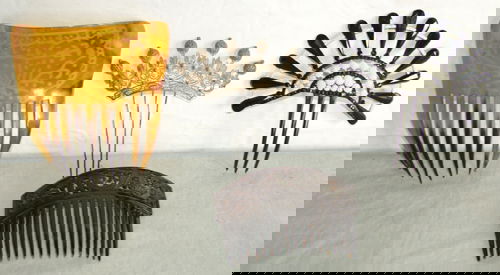 SILVER, FAUX TORTOISE SHELL & PEARL HAIR COMBS: SILVER, TORTOISE SHELL STYLE, FAUX PEARL BEADED HAIR COMBS, C1900-20, 4 PCS, H 5":