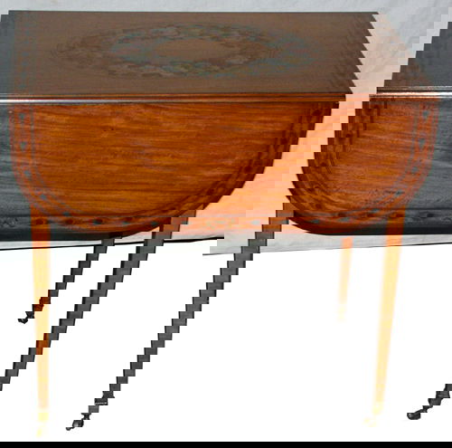 HEPPLEWHITE STYLE SATINWOOD PEMBROKE TABLE: HEPPLEWHITE STYLE HAND-PAINTED SATINWOOD PEMBROKE TABLE, CIRCA 1930, H 28 1/2", W 19 1/2", L 30":Manufactured by premiere company maybe British made or Robert Irwin quality. Rectangular top flanked by